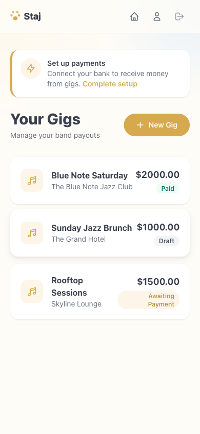 Dashboard showing gigs in various states