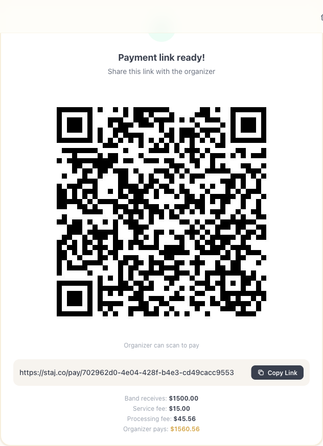 Payment link card with QR code and fee breakdown